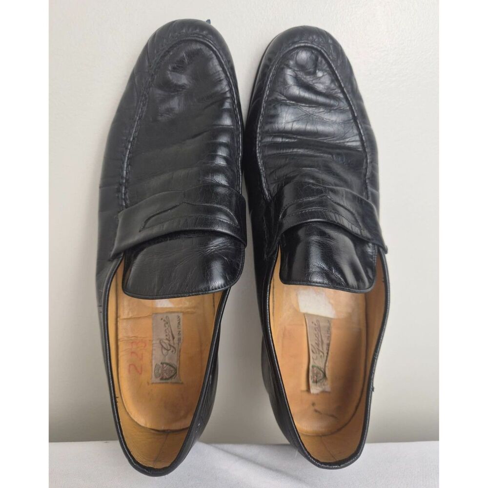 Vintage Gucci 60s/70s Black Leather Apron Toe Penny Loafers Made in Italy